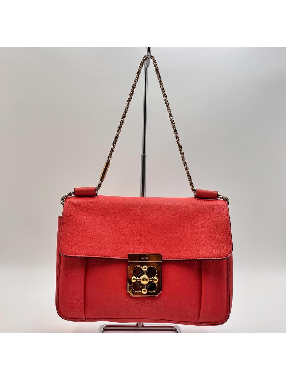 Chloé Square Elsie Chain Shoulder Bag Coral Pink Leather - Picture 8 of 11